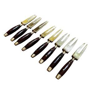 Vintage mid century cocktail forks teak wood & brass set of 8 tiki party supply